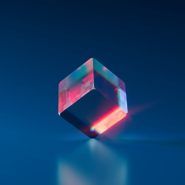 A cube standing on one his edges straigt up.